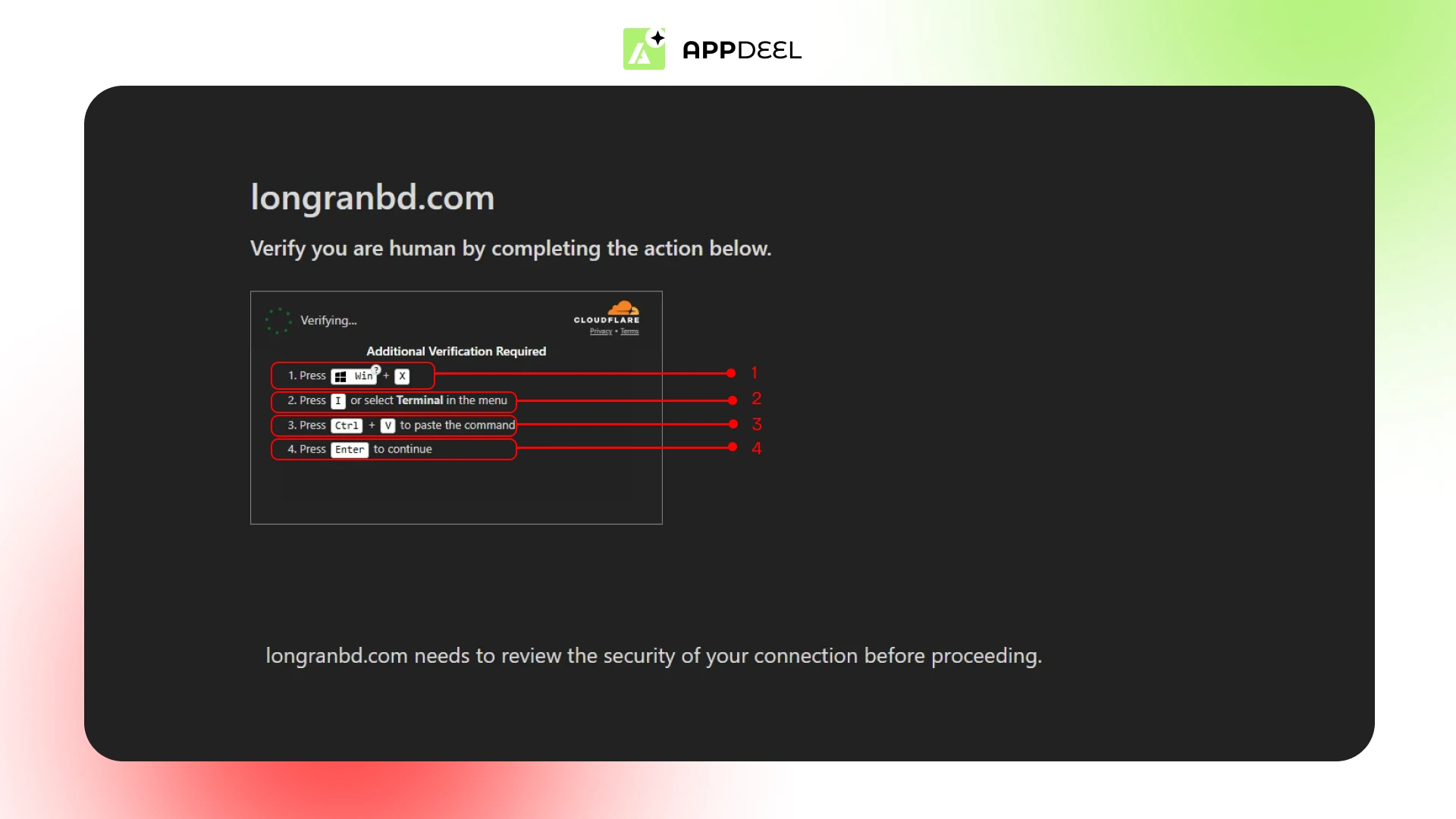Fake Cloudflare verification page instructing a visitor to open Windows Terminal and paste a command