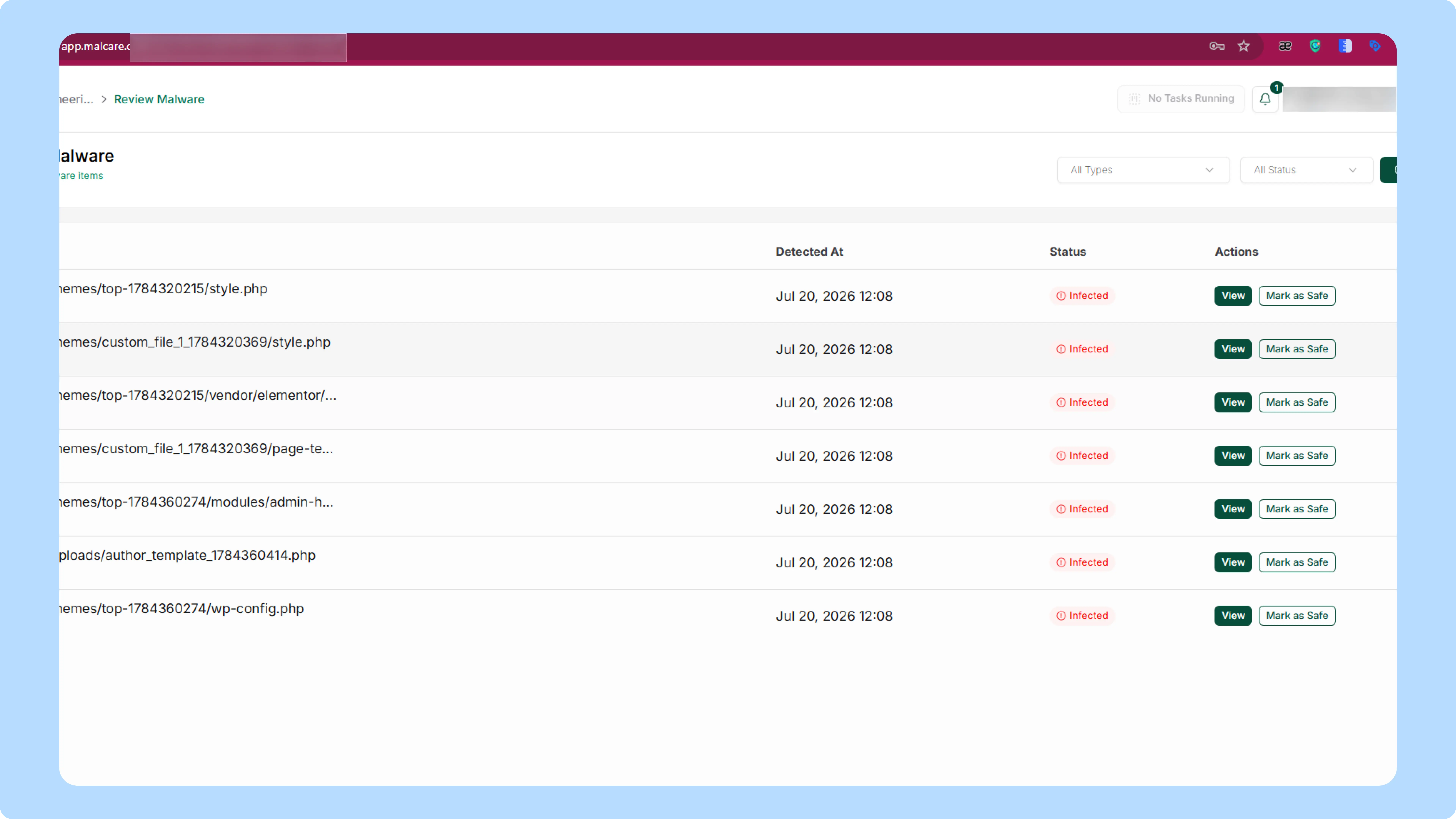  MalCare's "Review Malware" screen — 7 infected files found.